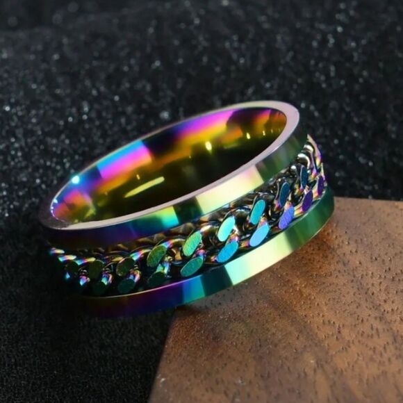 NWT AB Rainbow Oil Spill Stainless Steel Spinner Ring Size 9 - Picture 5 of 7